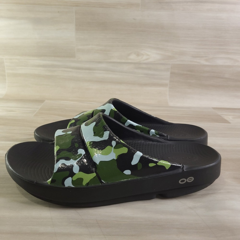 OOFOS OOahh Sport Flex Slides Mens 7 Womens 9 Green Camo Recovery Sandals